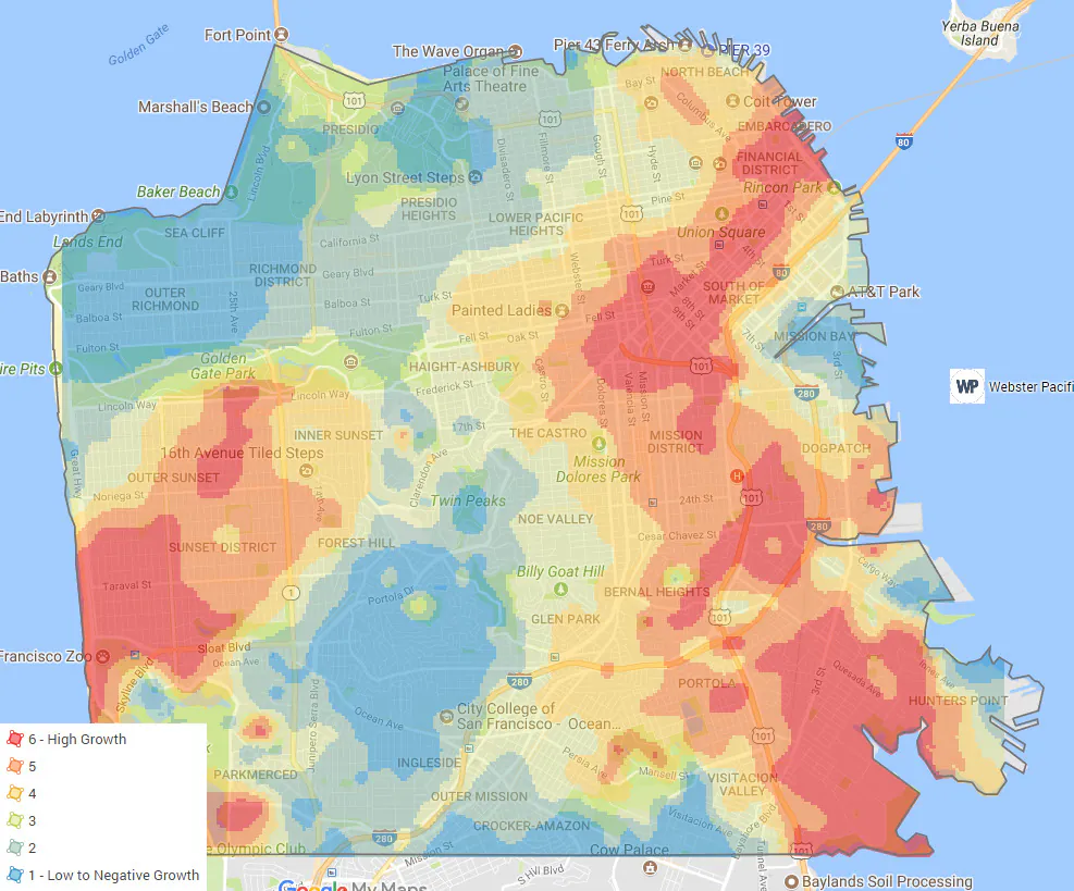 Map predicting property price growth in San Francisco, highest in SoMa, the Mission, Bayview and the Outer Sunset.